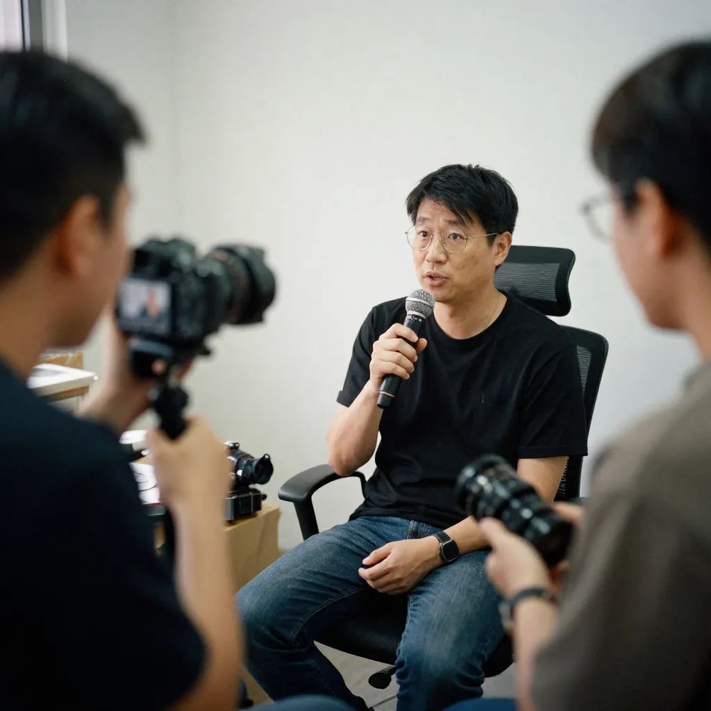 Video interview setup with artist in studio environment